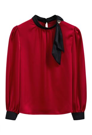 Contrast Ribbon Embellished Satin Top in Red - Retro, Indie and Unique Fashion