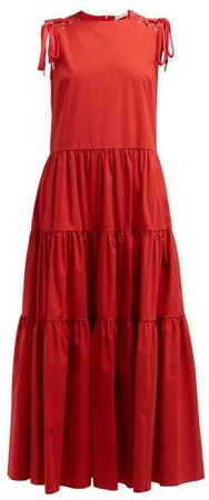 Laced Tiered Cotton Blend Dress - Womens - Red