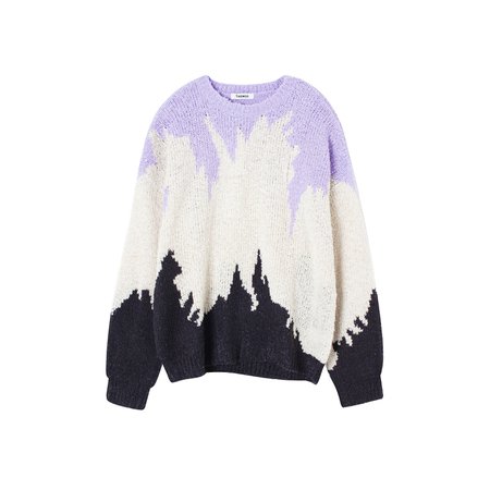 taewoo new abstract intersia knit purple, cream, and black sweater