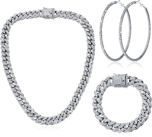 Amazon.com: Cuban Link Chain Necklace Bracelet Rhinestone Hoop Earrings Set Bling Necklace Bracelet Crystal Big Circle Earrings for Girls (Rose Gold, 18 Inch) : Clothing, Shoes & Jewelry