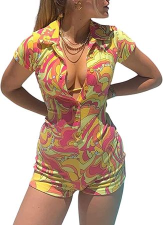 Amazon.com: Kaipiclos Women Sexy Y2K Short Sleeve Bodycon Jumpsuit Print Pattern Buttons Overalls Playsuit One Piece Rompers : Clothing, Shoes & Jewelry