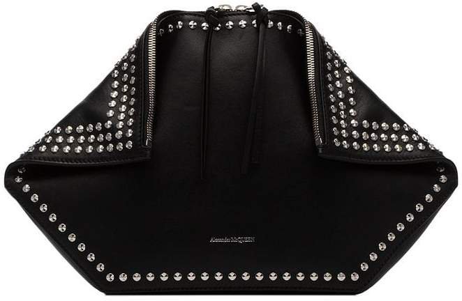 black folded leather studded clutch bag