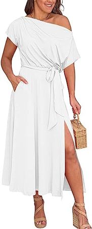 Amazon.com: LILLUSORY Midi Wedding Guest Off The Shoulder Dresses 2023 Summer Party Women Dress : Clothing, Shoes & Jewelry