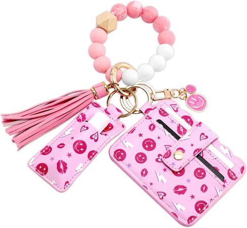 CiyvoLyeen Pink Preppy Wristlet Keychain Silicone Bead Keyring Bracelet Wrist Keychain with Card Wallet Lipstick Holder Smiling Face Pink Heart Y2K Kidcore Aesthetic Trendy Bracelet for Women Girls at Amazon Women’s Clothing store