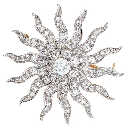 9.18 Carat Antique Diamond Sunburst Brooch/Pendant Platinum/14 Karat For Sale at 1stDibs