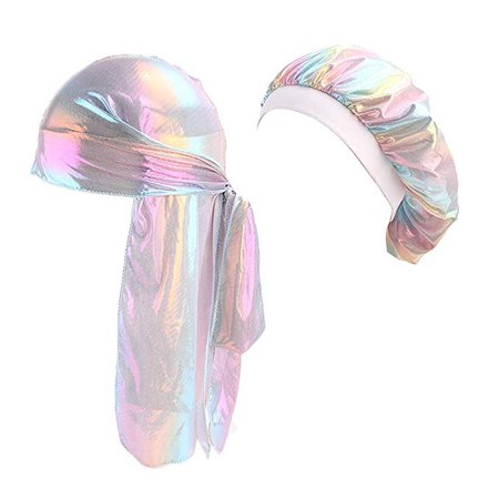 HADM Silky Durag for Men Women 360 Waves Cap Holographic Bonnet Sleeping Hat Doo Rag Set at Amazon Women’s Clothing store