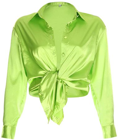 Amazon.com: Honestyivan Women's Fashion Solid Color Bright Color Fluorescent Green Satin Button Up Long Sleeve Shirt Blouse Tops: Clothing