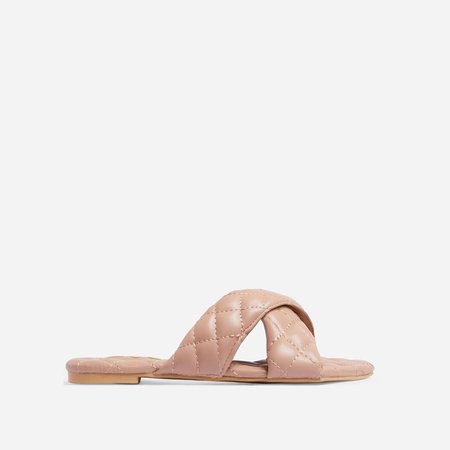 Brunch Quilted Crossover Flat Slider Sandal In Nude Faux Leather | EGO