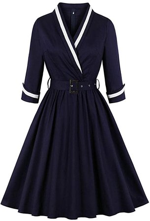 Wellwits Women's 3/4 Sleeves Wrap Sailor Stripe Cotton Vintage Career Dress at Amazon Women’s Clothing store