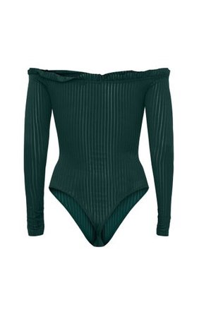 Emerald Green Mesh Stripe Bardot Long Sleeve Thong Bodysuit | PrettyLittleThing