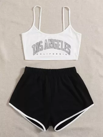 white Letter Graphic Crop Cami Top With Shorts | SHEIN USA
