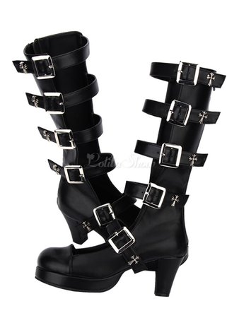 Lolitashow Gothic Lolita Boots Kitten Heel Platform Punk Style Buckle Boots With Buckle - Lolitashow.com