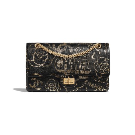 Crocodile Embossed Printed Leather & Gold-Tone Metal Black & Gold 2.55 Handbag | CHANEL