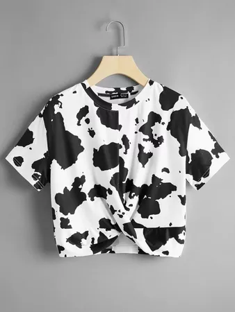 Cow Print Twist Hem Crop Tee | SHEIN USA black white