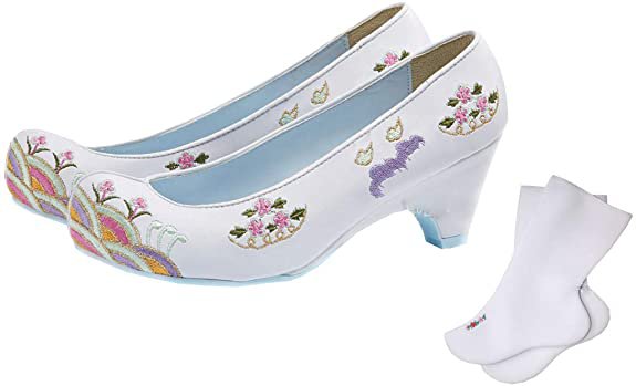 Amazon.com | Female Hanbok Shoes Korea Traditional Woman White Rubber Embroidery Pumps for Dress 7 cm / 5 cm / 3 cm | Pumps