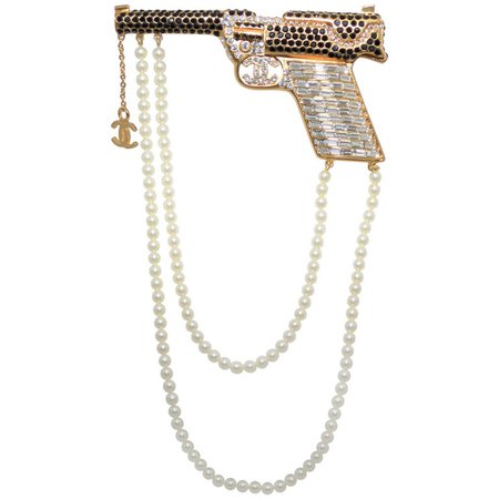 2001 A Chanel Gun Brooch Pin with Rhinestones and Pearls For Sale at 1stdibs
