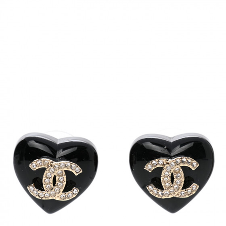 chanel Resin Crystal CC Heart Earrings Black Gold