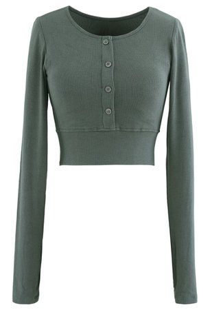 Buttoned Long Sleeves Crop Top in Teal - Retro, Indie and Unique Fashion
