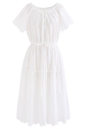 Drawstring Waist Embroidered Floral Eyelet Dress - Retro, Indie and Unique Fashion