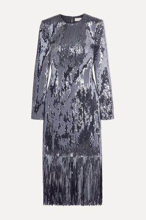 Silver Matisse fringed sequined crepe midi dress | Rebecca Vallance | NET-A-PORTER