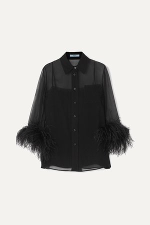 Black Feather-trimmed silk-georgette blouse | Prada | NET-A-PORTER