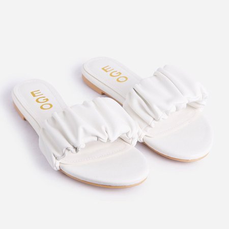 Tender Ruched Flat Slider Sandal In White Faux Leather | EGO