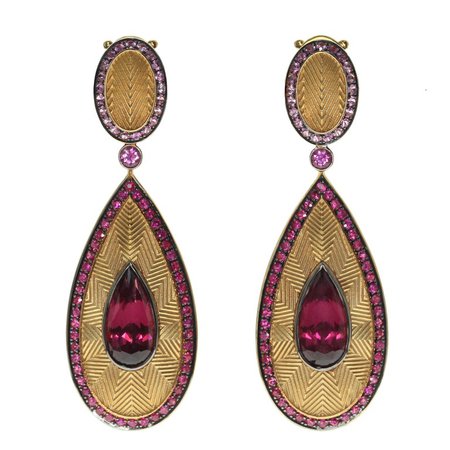 Mousson Atelier Ruby Pink Sapphire Rhodolite Garnet 18 Karat Yellow Gold Classical Earrings