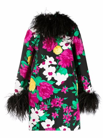 Saint Laurent feather-trim flora-print minidress black & pink 658538Y6C33 - Farfetch