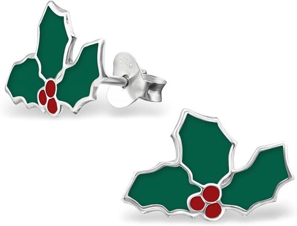 Amazon.com: 925 Sterling Silver Christmas Green Red Holly Leaf Stud Earrings 3535 (Nickel Free): Clothing, Shoes & Jewelry