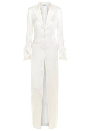 Elements Off-white Silk Satin Long Robe With Georgette Ruffle Trim | La Perla