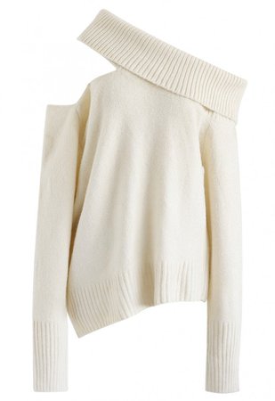 Asymmetric Cutout Off-Shoulder Knit Sweater in Cream - NEW ARRIVALS - Retro, Indie and Unique Fashion