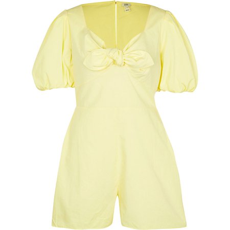 Yellow puff sleeve bow front playsuit | River Island