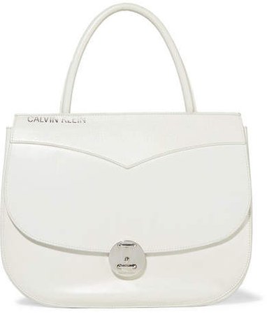 Round Lock Embossed Leather Tote - White