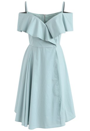 Appealing Sweet Frilling Cold-Shoulder Flap Dress in Mint - Retro, Indie and Unique Fashion