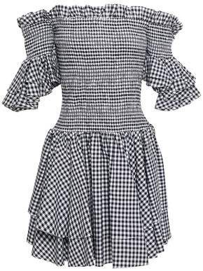 Off-the-shoulder Shirred Gingham Cotton Mini Dress