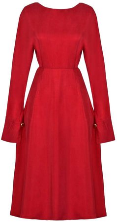 Sarvin - Shay Red Hand-Crafted Long Sleeve Backless Midi Dress