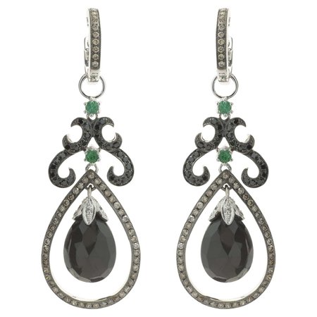 18 Karat White Gold Black Spinel, Chocolate Diamond, Green Tourmaline Earrings For Sale at 1stDibs