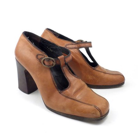 Brown Mary Janes Heels Vintage 1970s Shoes Mary Jane Tan High heel Leather Shoes women's size 6 1/2