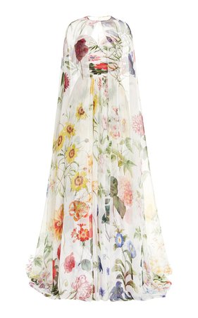 Oscar de la Renta, Floral-Print Silk-Chiffon Cape Gown