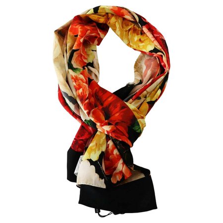 Dolce and Gabbana Multicolour Black Red Silk Floral Scarf Wrap