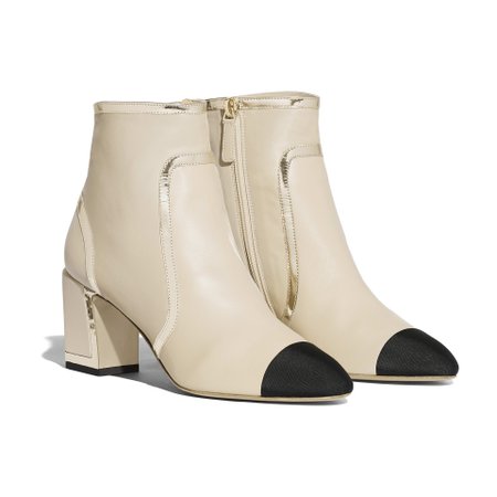 Laminated Lambskin Beige & Black Ankle Boots | CHANEL