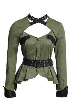 Military uniforme style collar less green shirt Punk rave gothic Y-623