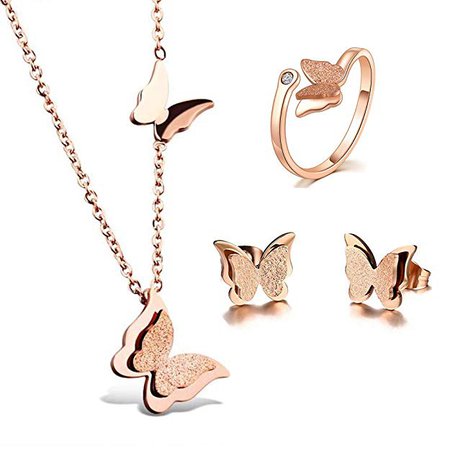 Amazon.com: BAFOME 18k Rose Gold Stainless Steel Butterfly Jewelry Set Necklace Ring Stud Earrings Best Gift for Women Girl (Adjustable Ring): Jewelry