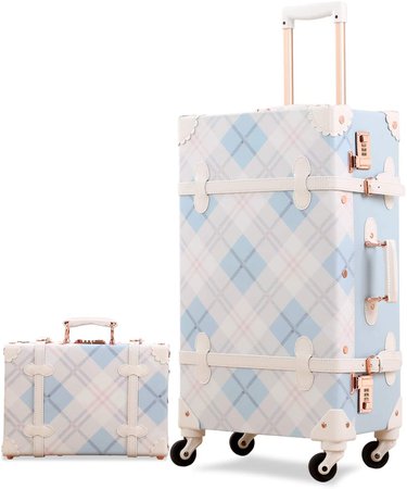 Unitravel Retro Luggage Sets 26 inch Vintage Women Cute Suitcase with 12 inch Train Case (Plaid Light Blue)