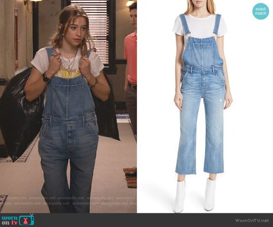 WornOnTV: Shannon’s white graphic tee and denim overalls on Fam | Odessa Adlon | Clothes and Wardrobe from TV