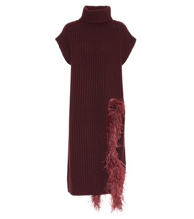 Valentino - Feather-trimmed wool-blend midi dress | Mytheresa