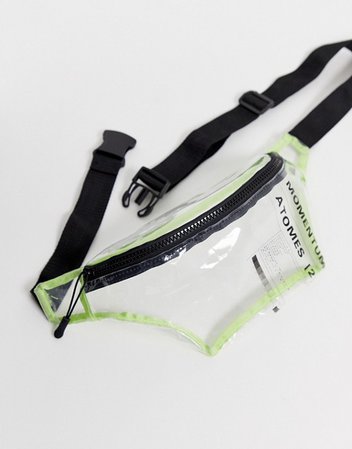 ASOS DESIGN cross body bum bag in transparent with print and neon green binding | ASOS