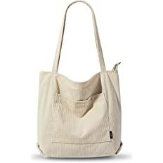 KALIDI Corduroy Tote Bag with Zipper Waterproof Cord Tote Bag for Women with Pockets Compartments Large Capacity Shoulder Bags Handbags for School Work Shopping Travel Daily Use,Beige: Amazon.co.uk: Fashion