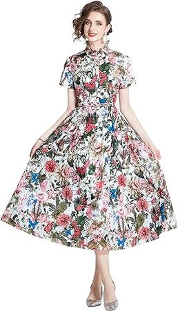 Amazon.com: LAI MENG FIVE CATS Women's 3/4 Sleeve Floral Print Button up Casual A-line Flowy Midi Dress : Clothing, Shoes & Jewelry