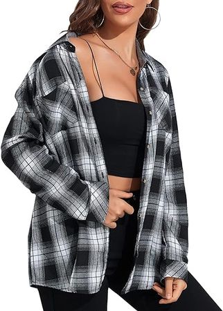 Deer Lady Plaid Flannel Shirts for Women Buffalo Plaid Shirts Oversized Long Sleeve Casual Button Down Blouse Top White L at Amazon Women’s Clothing store